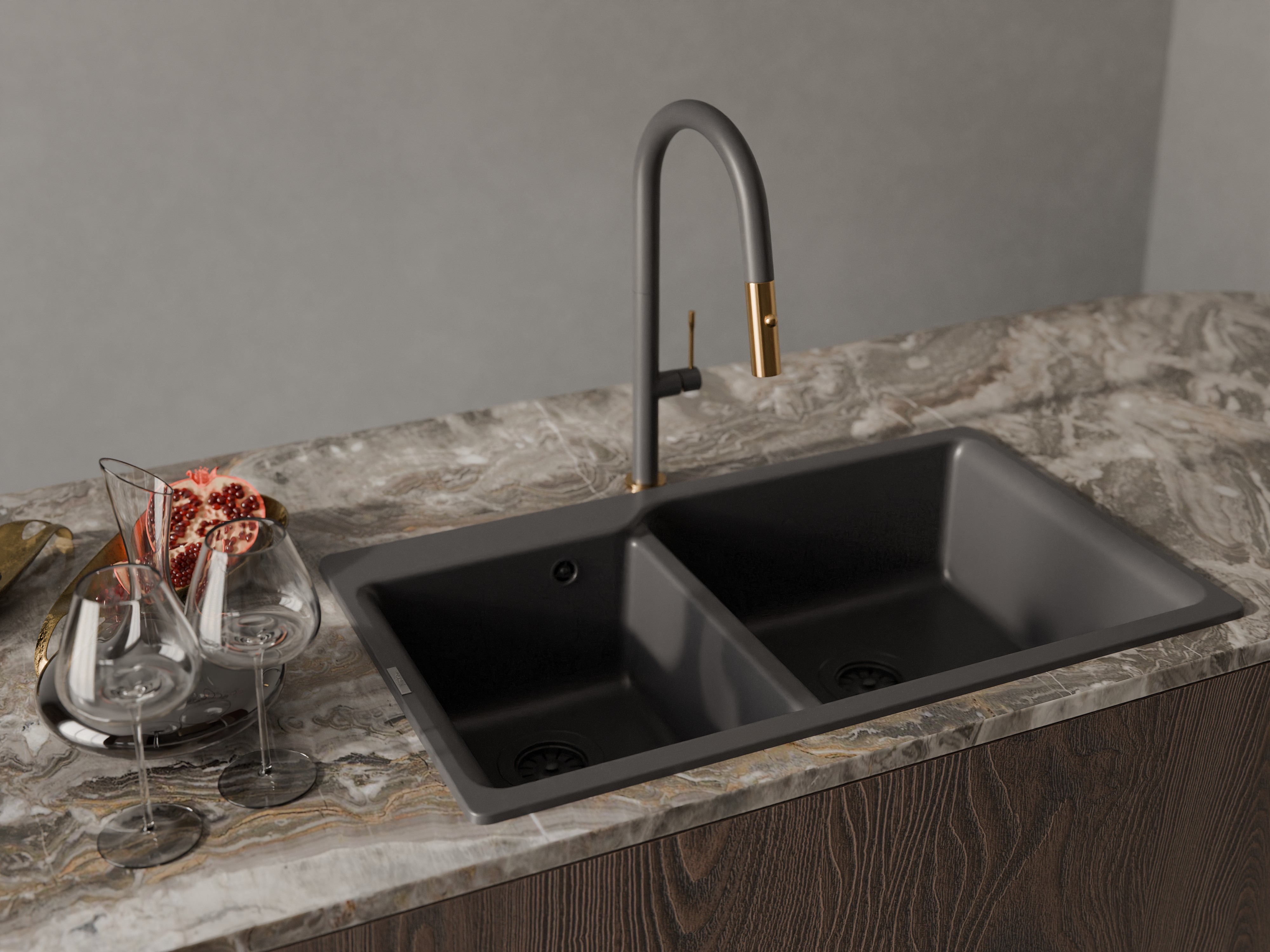 Смеситель для кухни RIVELATO Asti с выдвижной лейкой антрацит золото (3972500 antracite oro), фото 2