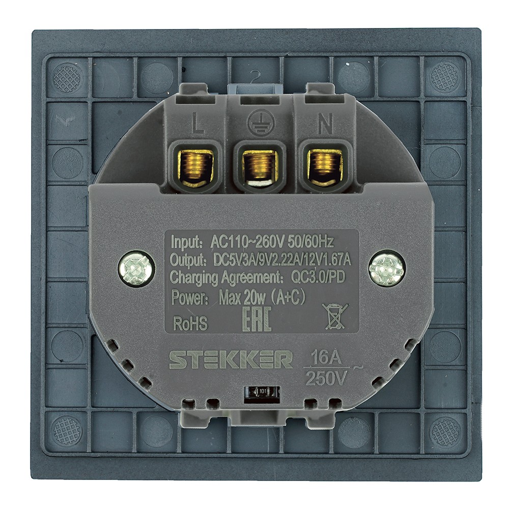 Розетка с заземлением и со шторкой и 2хUSB type A и C, без рамки Stekker Мия 50452, фото 5