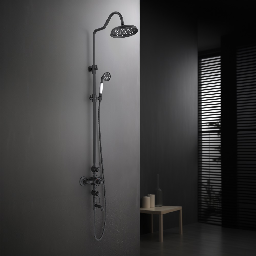 AQ2543MB КЛАССИК термостатическая душевая система с изливом 220мм, матовый черный, фото 3