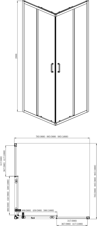 AQ ARI KV 09020BL Душевой уголок квадратный, двери раздвижные 900x900x2000 профиль черный, стекло прозрачное, фото 2
