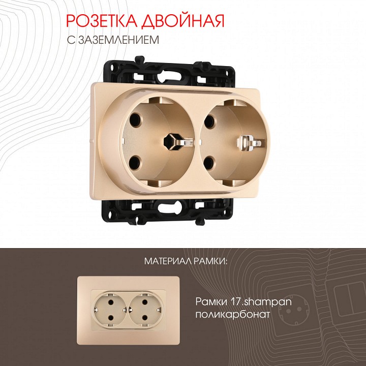 Розетка двойная с заземлением, без рамки Arte Milano am-217 217.40-2.shampan, фото 2