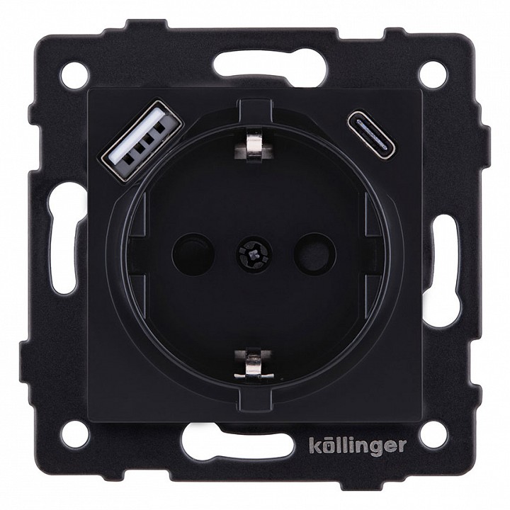 Розетка с заземлением и со шторкой и 2хUSB type A и C, без рамки Kollinger  REA-004BM, фото 1