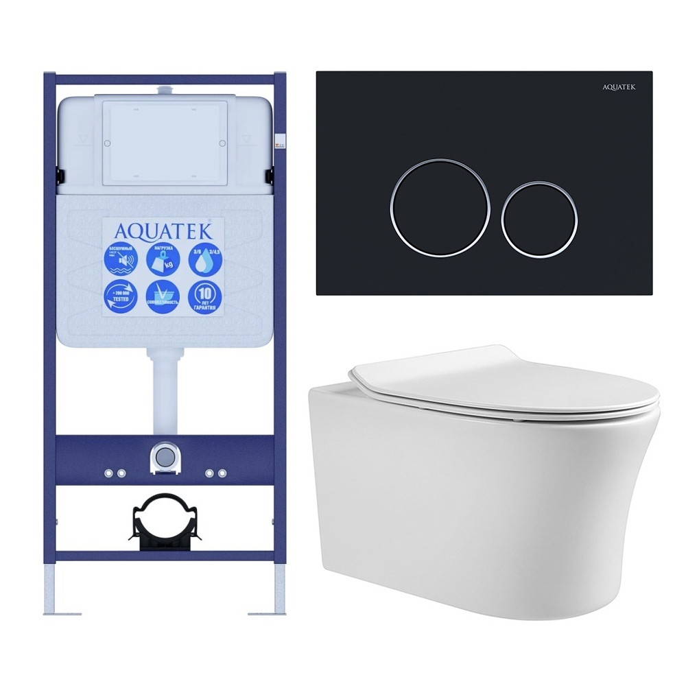SET AQUATEK НИКА-020 4в1 (рама AQUATEK Standard INS-0000012+крепеж KKI-0000002+клавиша KDI-0000020+унитаз НИКА AQ2009-00 с тонким сиденьем soft-close), фото 1
