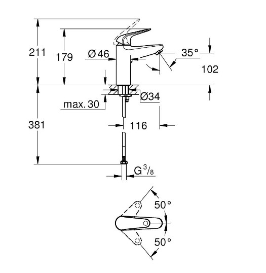 24267001 Euroeco Смеситель однорычажный для раковины, 1/2″ размер M, нажимной донный клапан 1 1/4", хром, фото 4