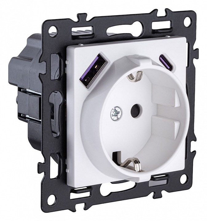 Розетка с заземлением и со шторкой и 2хUSB type A и C, без рамки Kollinger Asthetik AS-016WH, фото 2