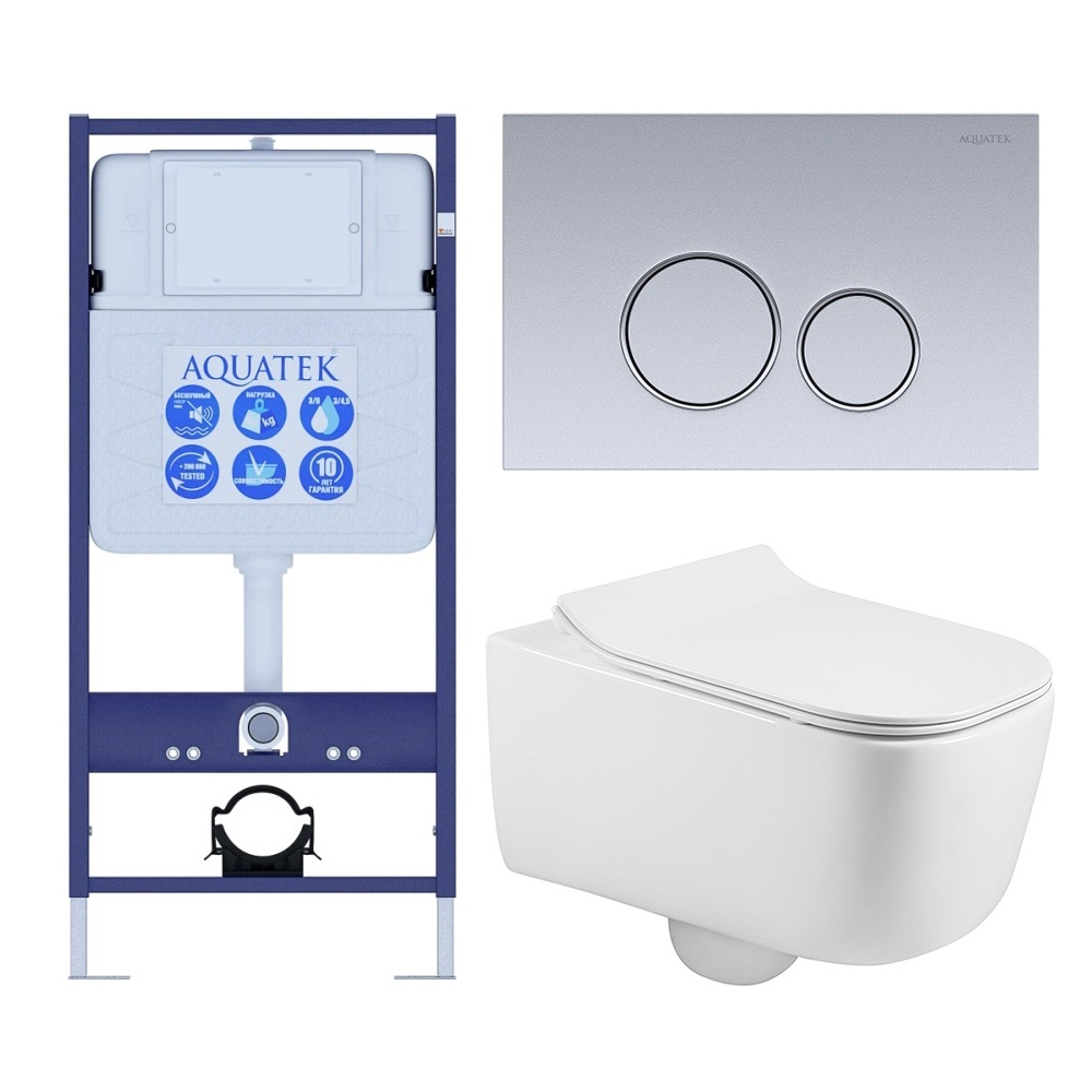 SET AQUATEK ЛУГАНО-019 4в1 (рама AQUATEK Standard INS-0000012+ кркпеж KKI-0000002+клавиша KDI-0000019+унитаз ЛУГАНО AQ2002-00 с тонким сиденьем soft-c, фото 1