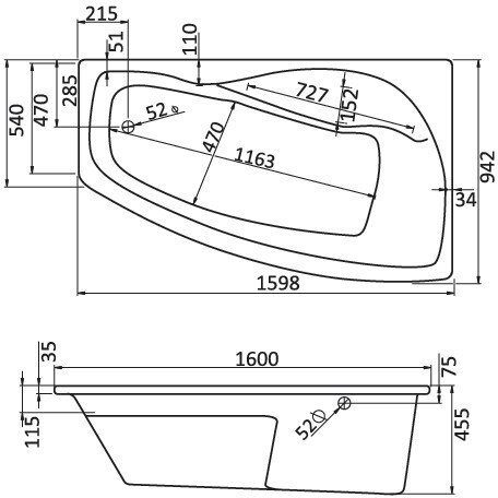 1.WH11.1.990 МАЙОРКА XL 160х95 ванна асимметричная акриловая правосторонняя белая, фото 3