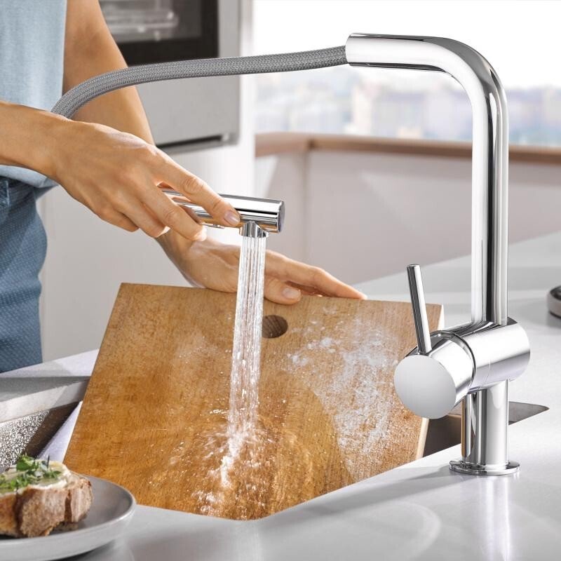 30274000 Minta Смеситель для кухонной мойки L-излив, с выдвижным изливом, хром, фото 3