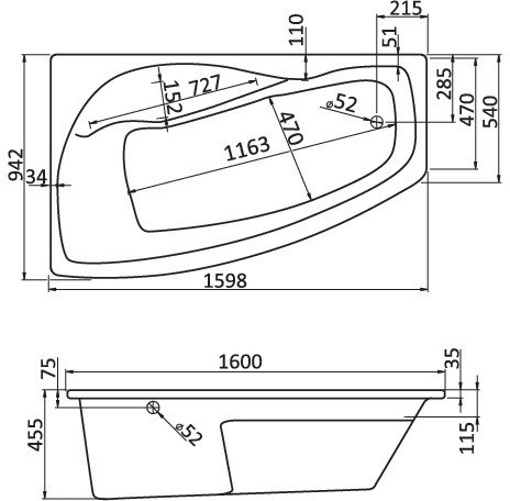 1.WH11.1.991 МАЙОРКА XL 160х95 ванна асимметричная акриловая левосторонняя белая, фото 2