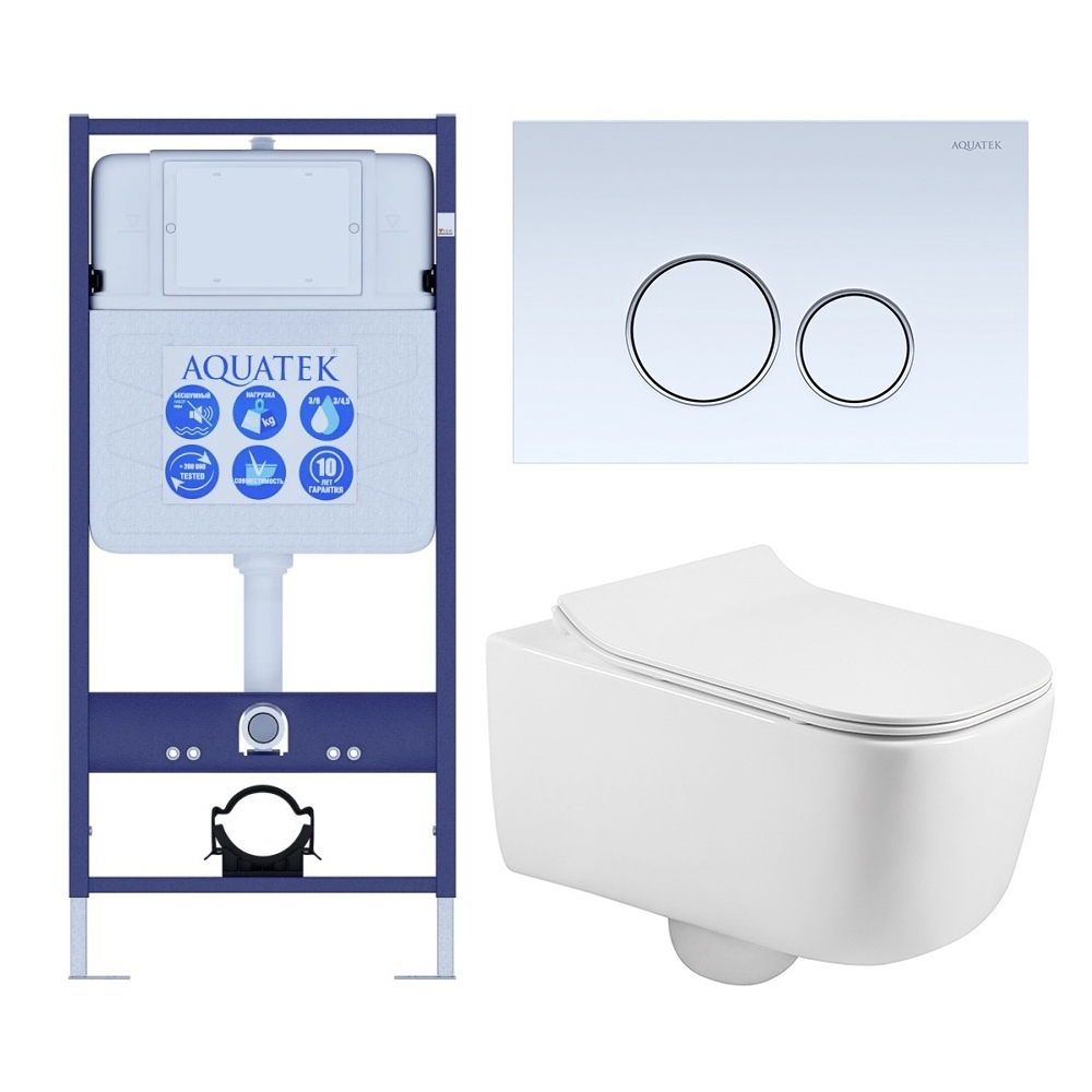 SET AQUATEK ЛУГАНО-015 4в1 (рама AQUATEK Standard INS-0000012+ кркпеж KKI-0000002+клавиша KDI-0000015+унитаз ЛУГАНО AQ2002-00 с тонким сиденьем soft-c, фото 1
