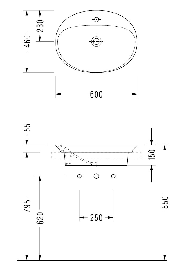 HR34TXS110H HERA овальная раковина для установки в столешницу 46х60 см, с отверстием под смеситель, Serel, фото 2