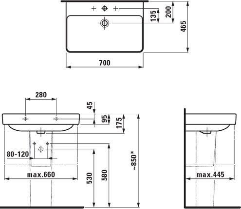 PRO S 8.1096.7.000.104.1 Раковина 700 x 465 x 95 mm, 1 отверстие для смесителя по центру, цвет белый, фото 4