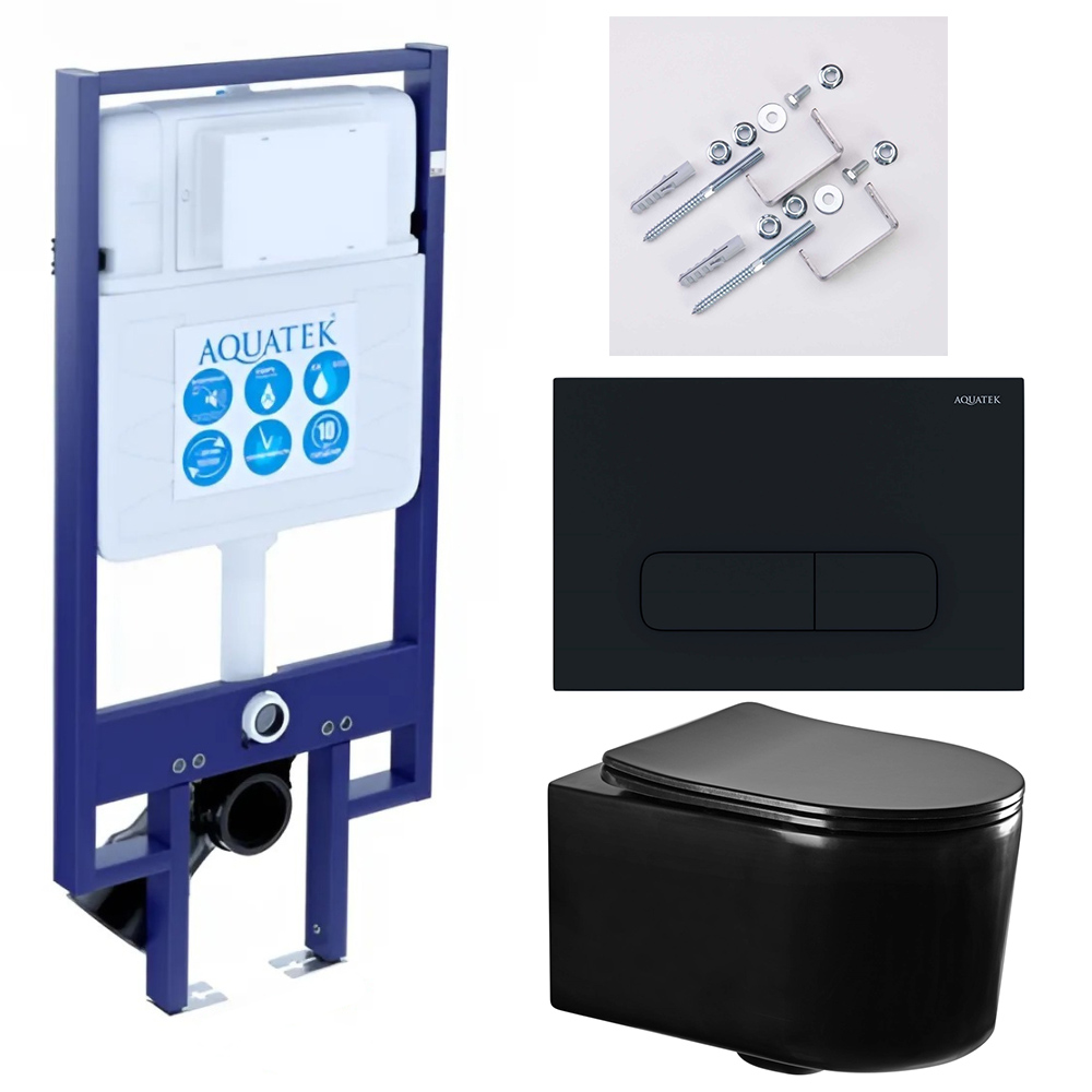 SET AQUATEK МИЯ-MB-017 4в1 (рама AQUATEK Standard INS-0000020+ крепеж KKI-0000002+клавиша KDI-0000017+унитаз AQ2004-MB с тонким сиденьем soft-close, фото 1