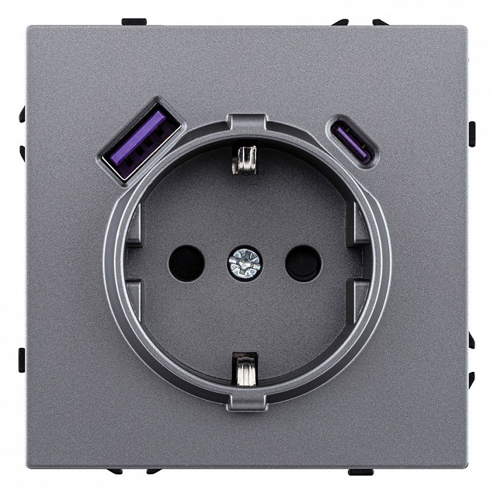 Розетка с заземлением и со шторкой и 2хUSB type A и C, без рамки Kollinger Eclipse EC-016GY, фото 1