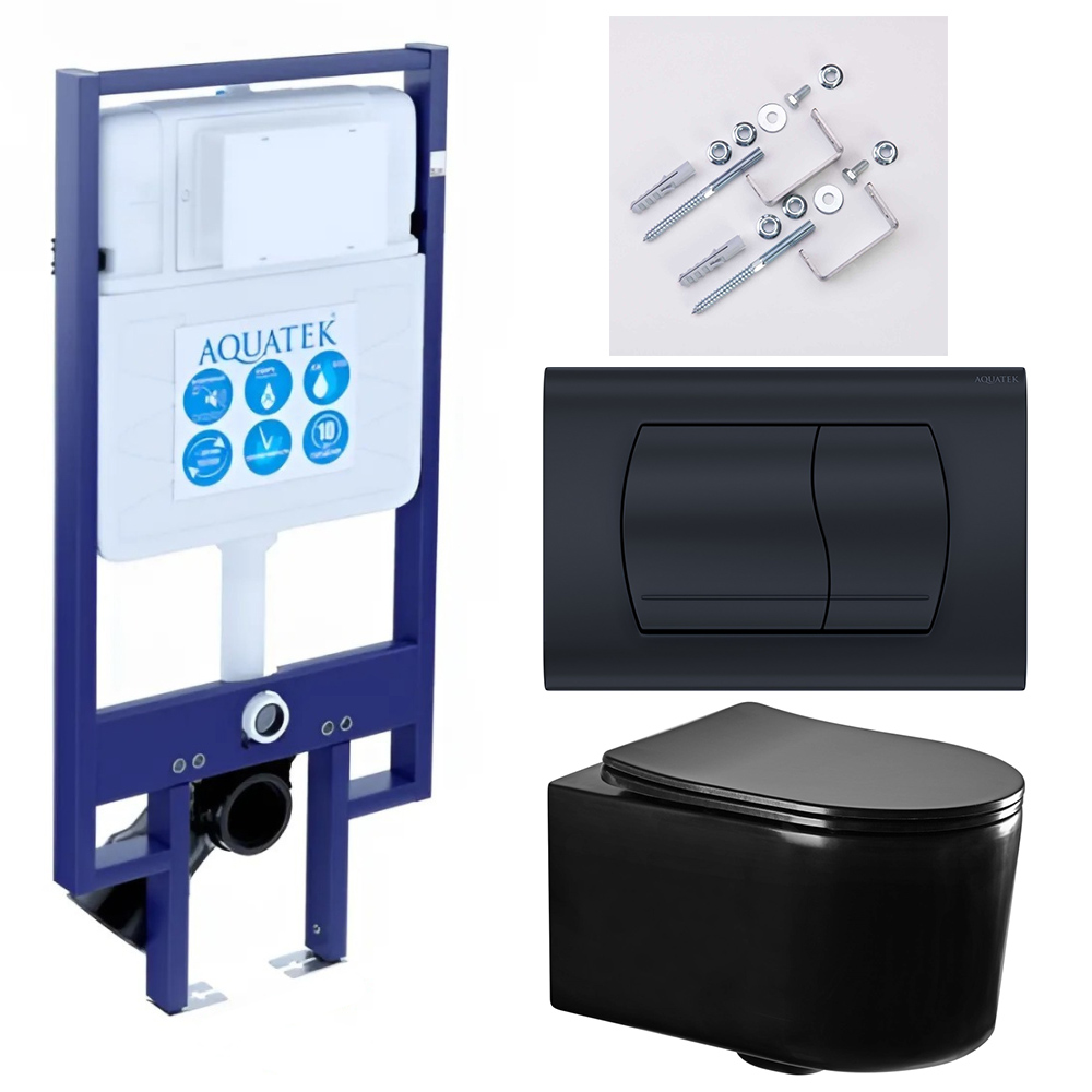 SET AQUATEK МИЯ-MB-049 4в1 (рама AQUATEK Standard INS-0000020+ крепеж KKI-0000002+клавиша KDI-0000049+унитаз AQ2004-MB с тонким сиденьем soft-close, фото 1