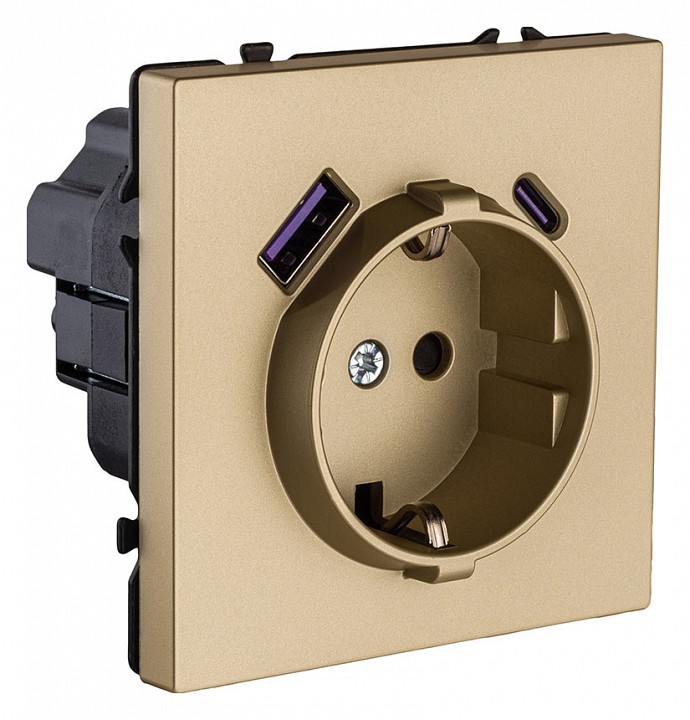 Розетка с заземлением и со шторкой и 2хUSB type A и C, без рамки Kollinger Eclipse EC-016GD, фото 2