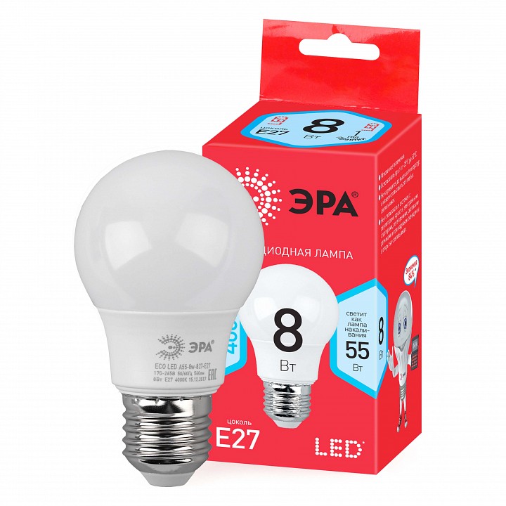 Лампа светодиодная Эра E27 8Вт 4000K LED A55-8W-840-E27 R, фото 2