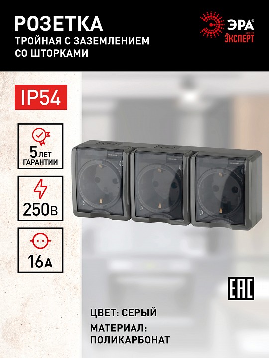 Розетка тройная с заземлением и со шторками, с крышкой Эра Эра Эксперт 11-2406-03, фото 3