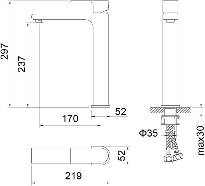 AQ1404MB ЛИРА смеситель для раковины высокий 237, без донного клапана, матовый черный, фото 2
