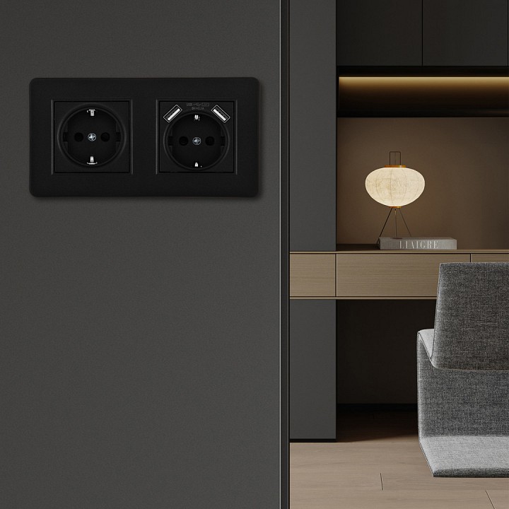 Розетка с заземлением и со шторкой и 2хUSB Arte Milano SET16-2 SET16-2-47-1-40-1 black, фото 3