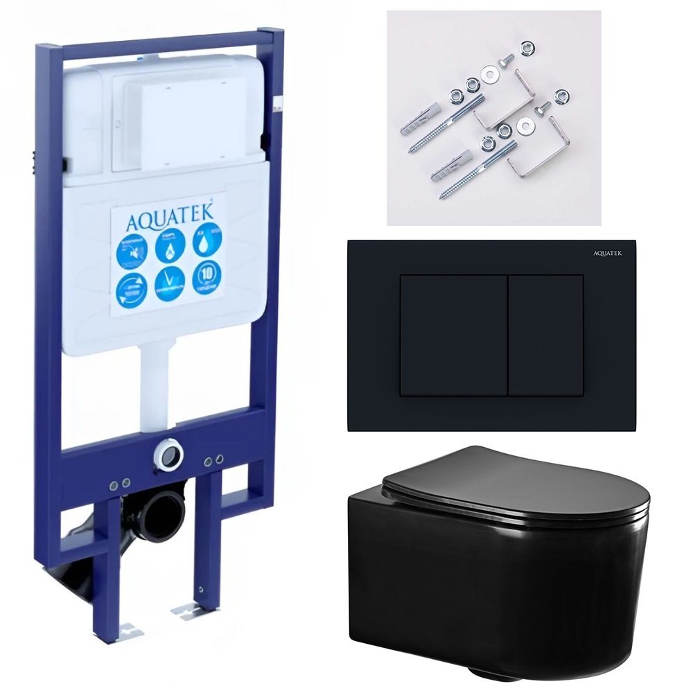 SET AQUATEK МИЯ-MB-012 4в1 (рама AQUATEK Standard INS-0000020+ крепеж KKI-0000002+клавиша KDI-0000012+унитаз AQ2004-MB с тонким сиденьем soft-close, фото 1