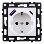 Розетка с заземлением и со шторкой и 2хUSB type A и C, без рамки Kollinger Asthetik AS-016WH