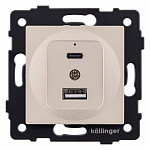 Розетка 2хUSB type A и C без рамки Kollinger  REA-037GD